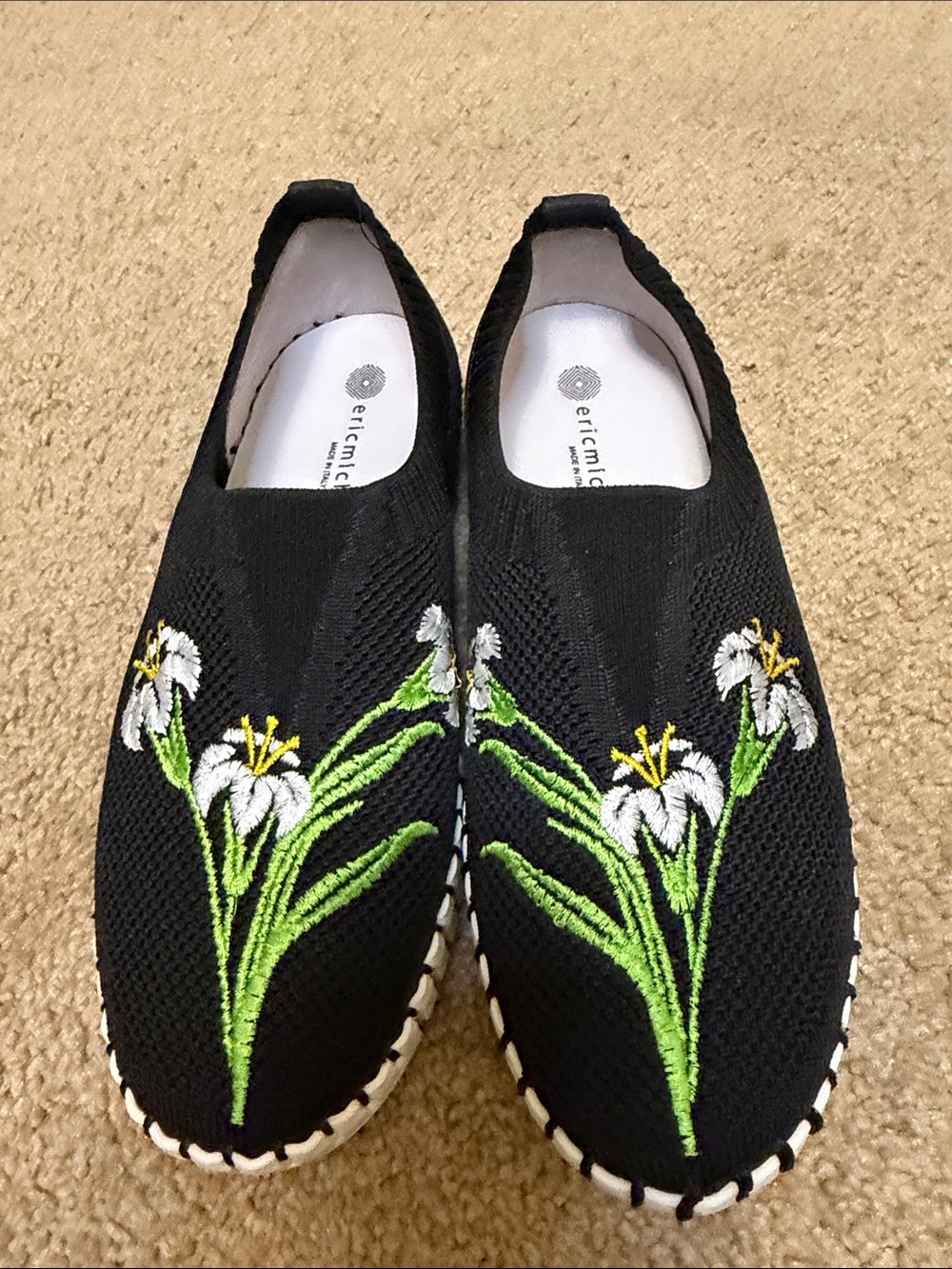Eric Michael Lucy Embroidered Floral Knit Slip On Shoes Black 36 Fits US 5.5-6